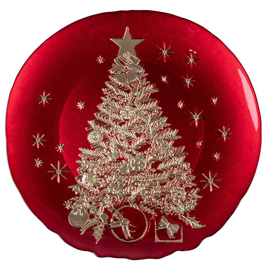Christmass tree plate glass red / gold 34x2,5 cm Galileo