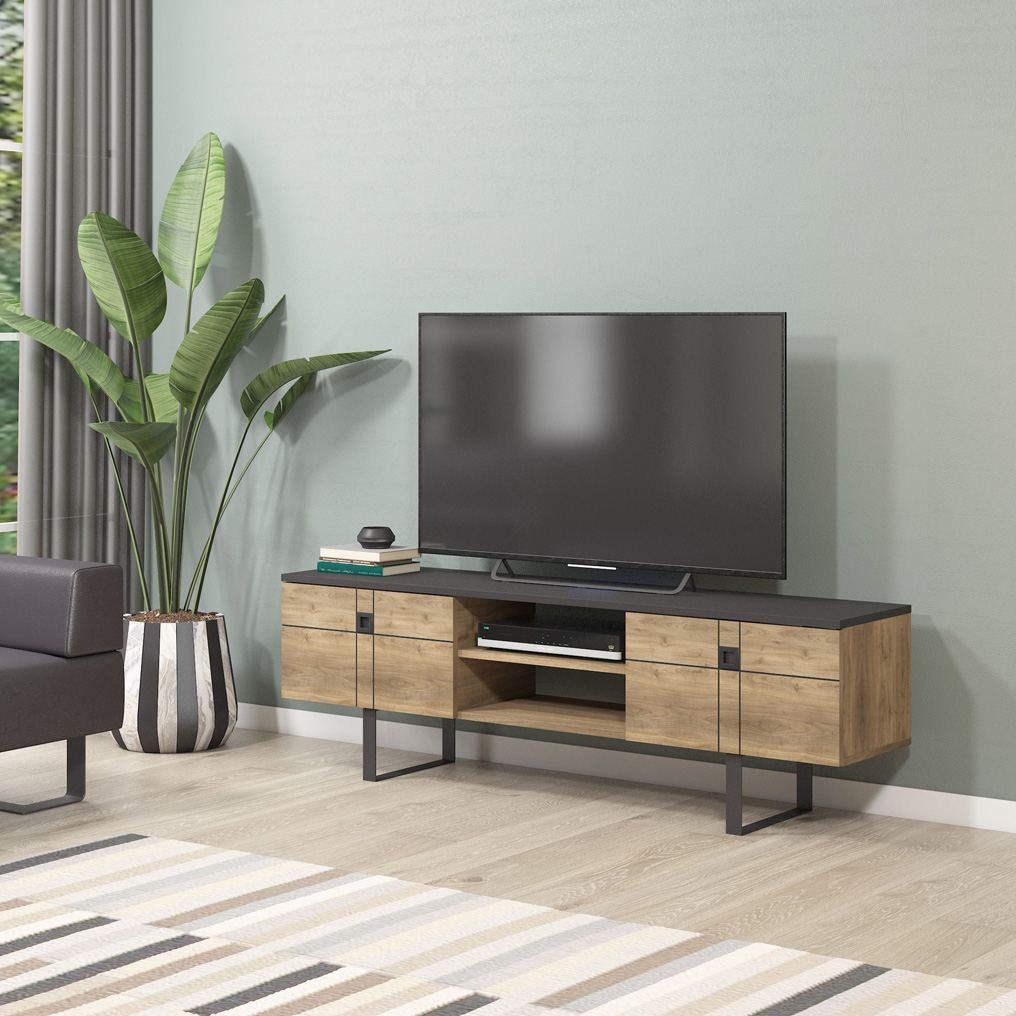 Particle Board TV Stand with Shelves Paulo Walnut, Black 598MNM1108 W160xH50,2xD35 cm