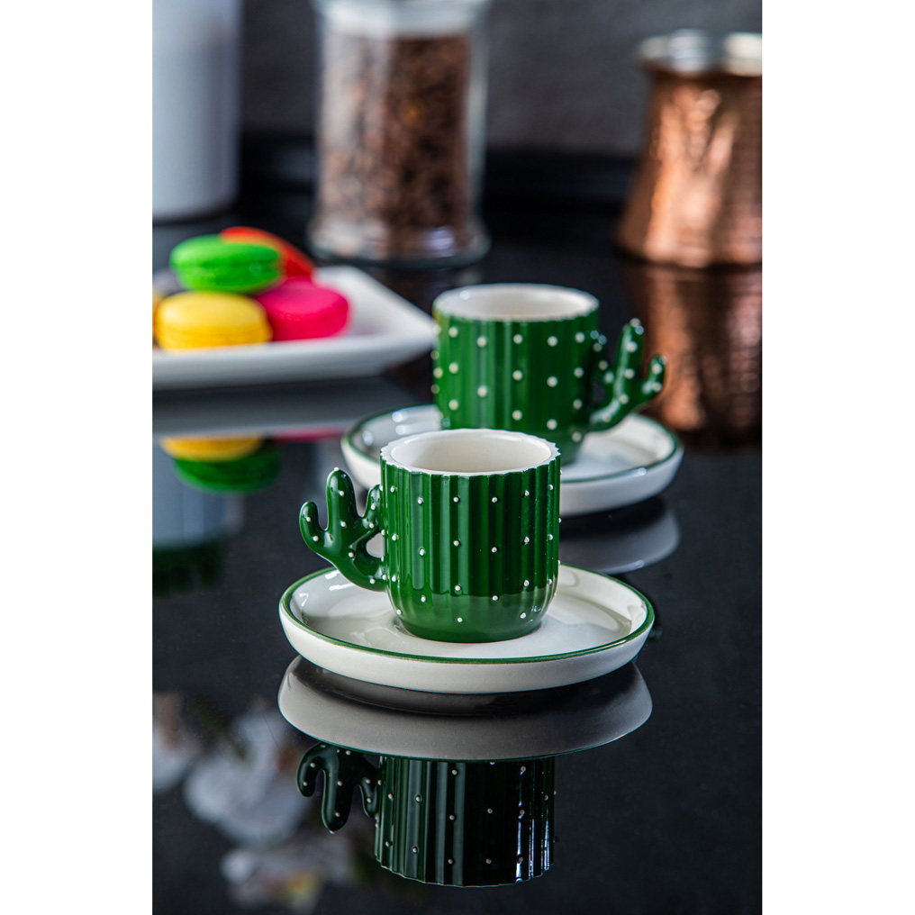 Coffee cup + saucer set TSK-KAKTUS Green / White 2 pcs Ceramic 110 ml 612DRL1114