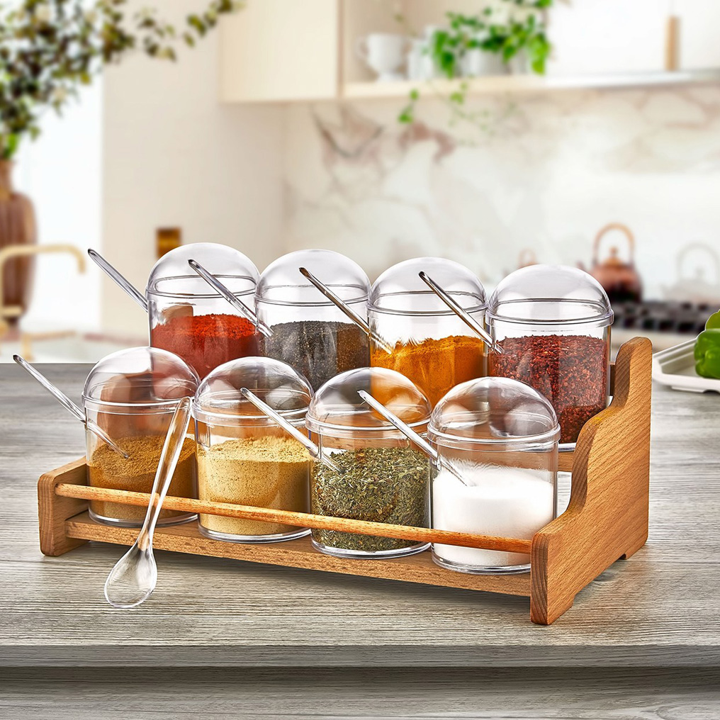 Spice jar & rack set Transparent Plastic / Wood 17,5x33,3x16,3 cm 275 ml 8 pcs 619PLS1104