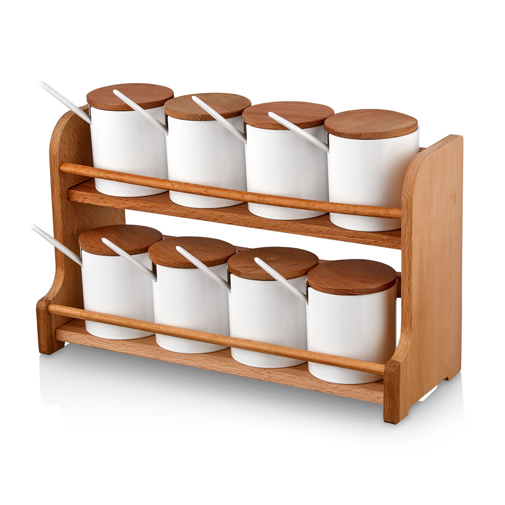 Spice jar & rack set White Plastic / Wood 12,8x34,3x22,8 cm 275 ml 8 pcs 619PLS1112