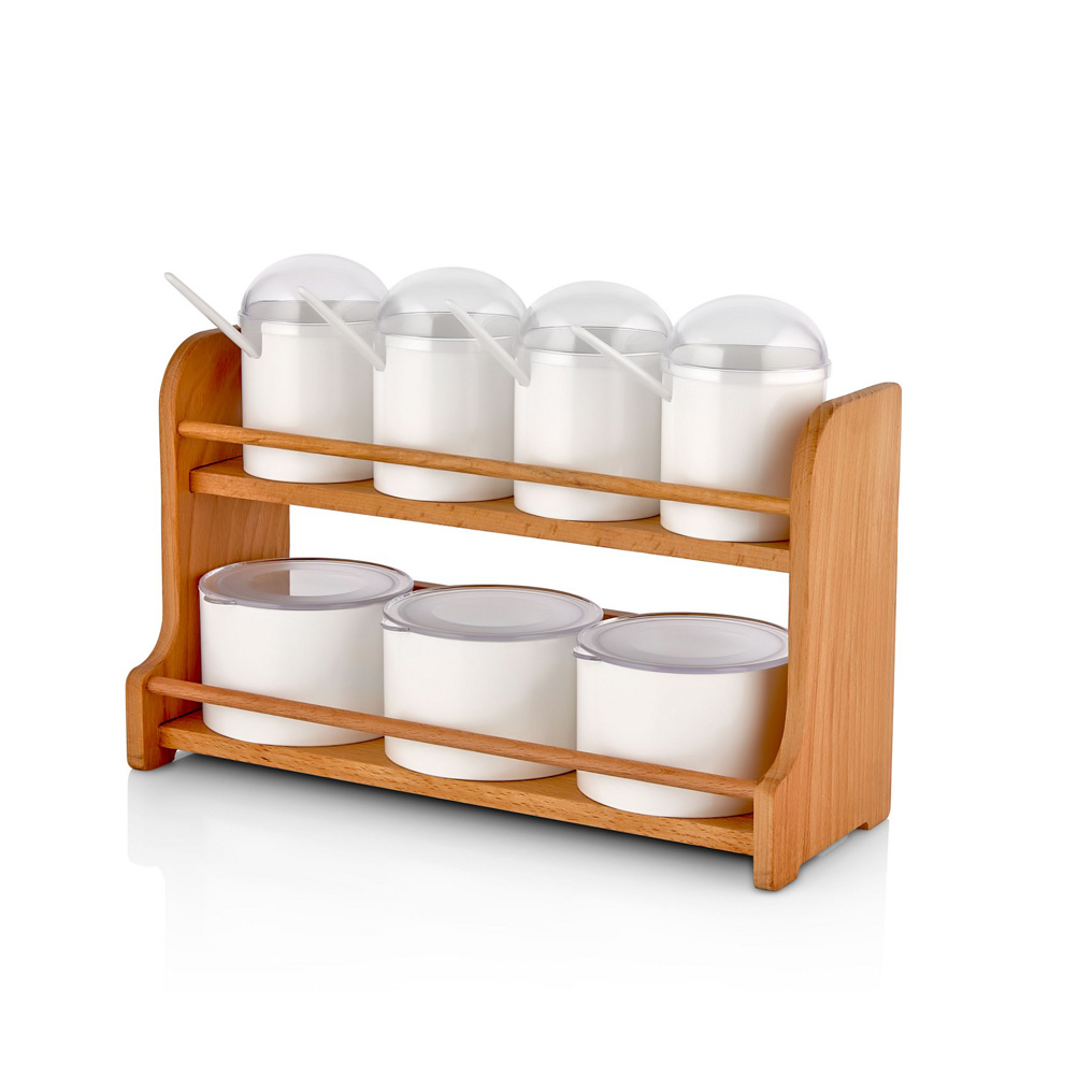 Spice jar & rack set White Plastic / Wood 12,8x34,3x22,8 cm 275 ml, 400 ml 7 pcs 619PLS1116