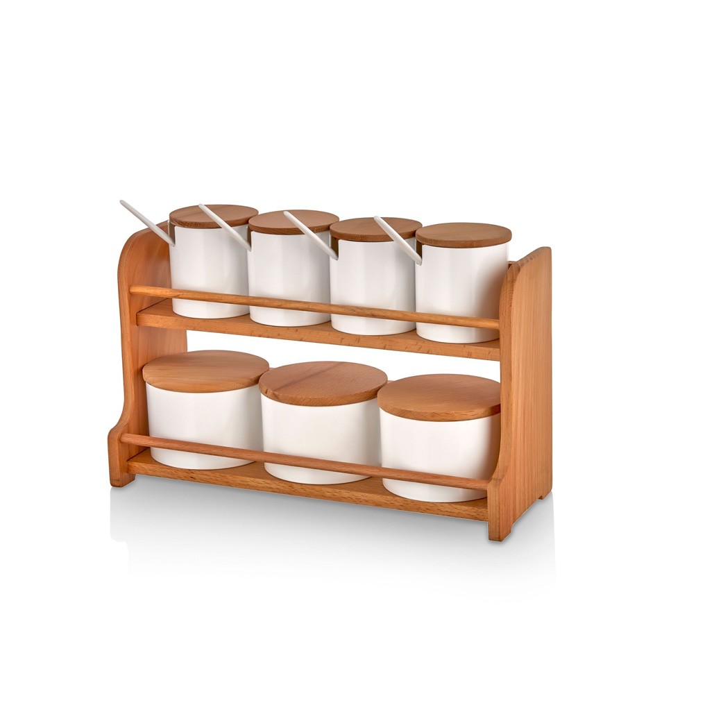 Spice jar & rack set White Plastic / Wood 12,8x34,3x22,8 cm 275 ml, 400 ml 7 pcs 619PLS1120