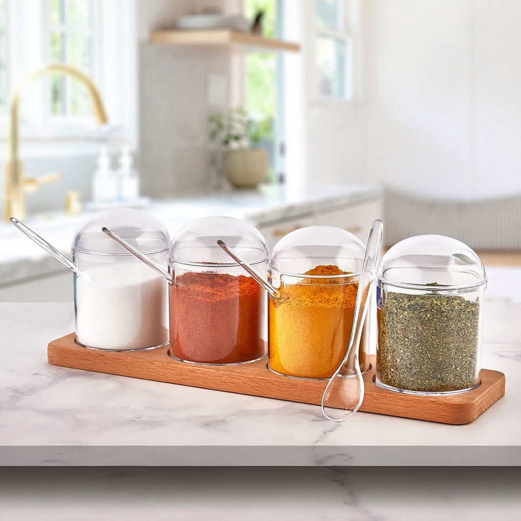 Spice jar & rack set Transparent Plastic / Wood 9x32,8x10,5 cm 275 ml 4 pcs 619PLS1147