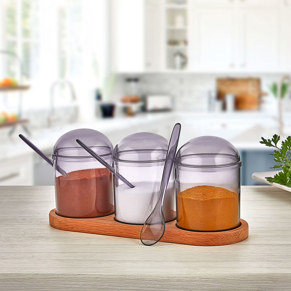 Spice jar & rack set Purple Plastic / Wood 8,9x25,1x10,5 cm 275 ml 3 pcs 619PLS1154