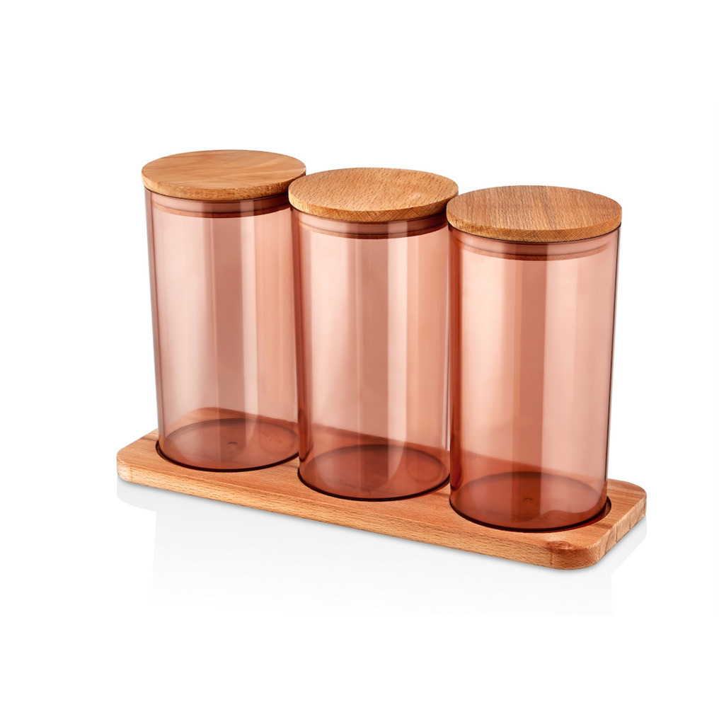 Jar set Light brown Plastic / Wood 11,9x33,8x20,6 cm 1000 ml 3 pcs 619PLS1181