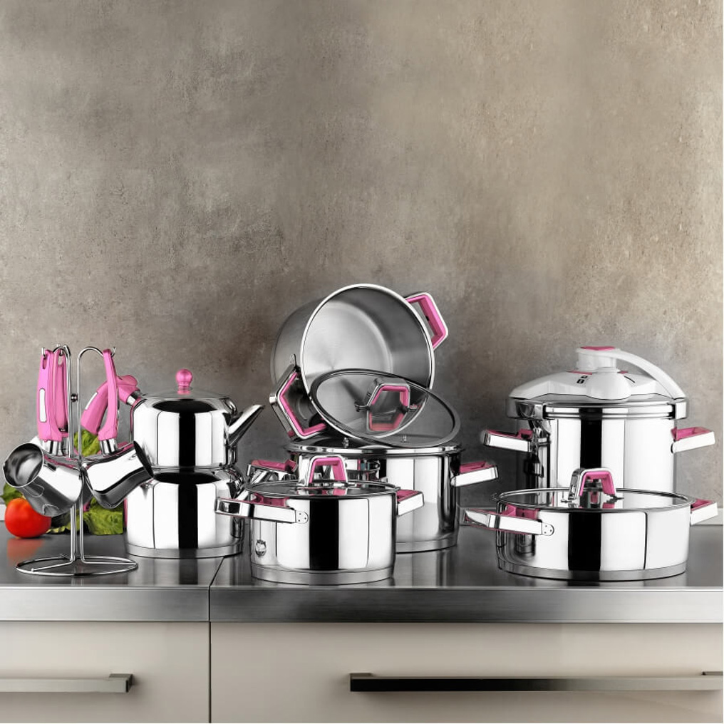 Kitchenware Set Silver - Pink Steel 8 lt / 4,5 lt / 4 lt / 3 lt / 7 lt 18 pcs 710KTP0692