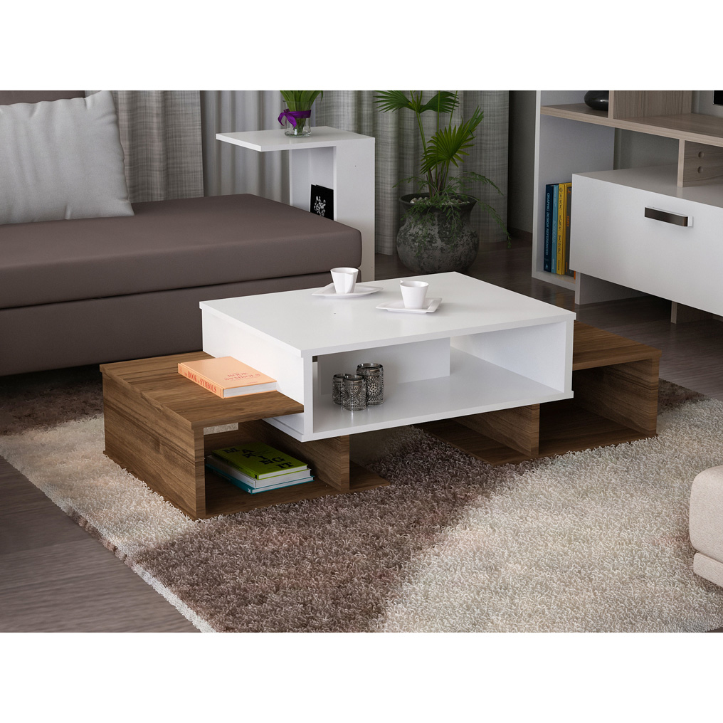 Particle Board Coffee Table with Shelves Sarafina White, Walnut 756FRN2816 W103xH39,4xD60 cm