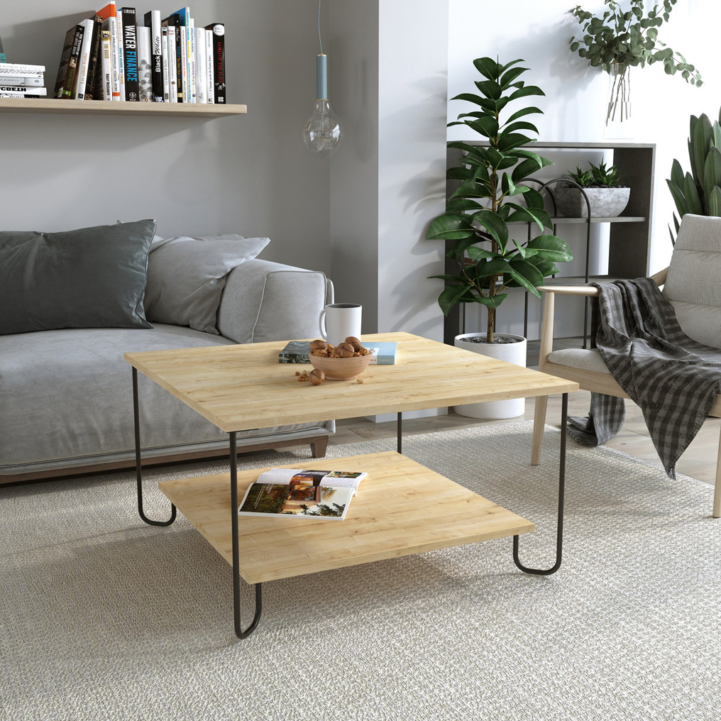 Particle Board Coffee Table with Metal Legs & Shelf Marbo Oak 776HMS2854 W80xH45xD80 cm