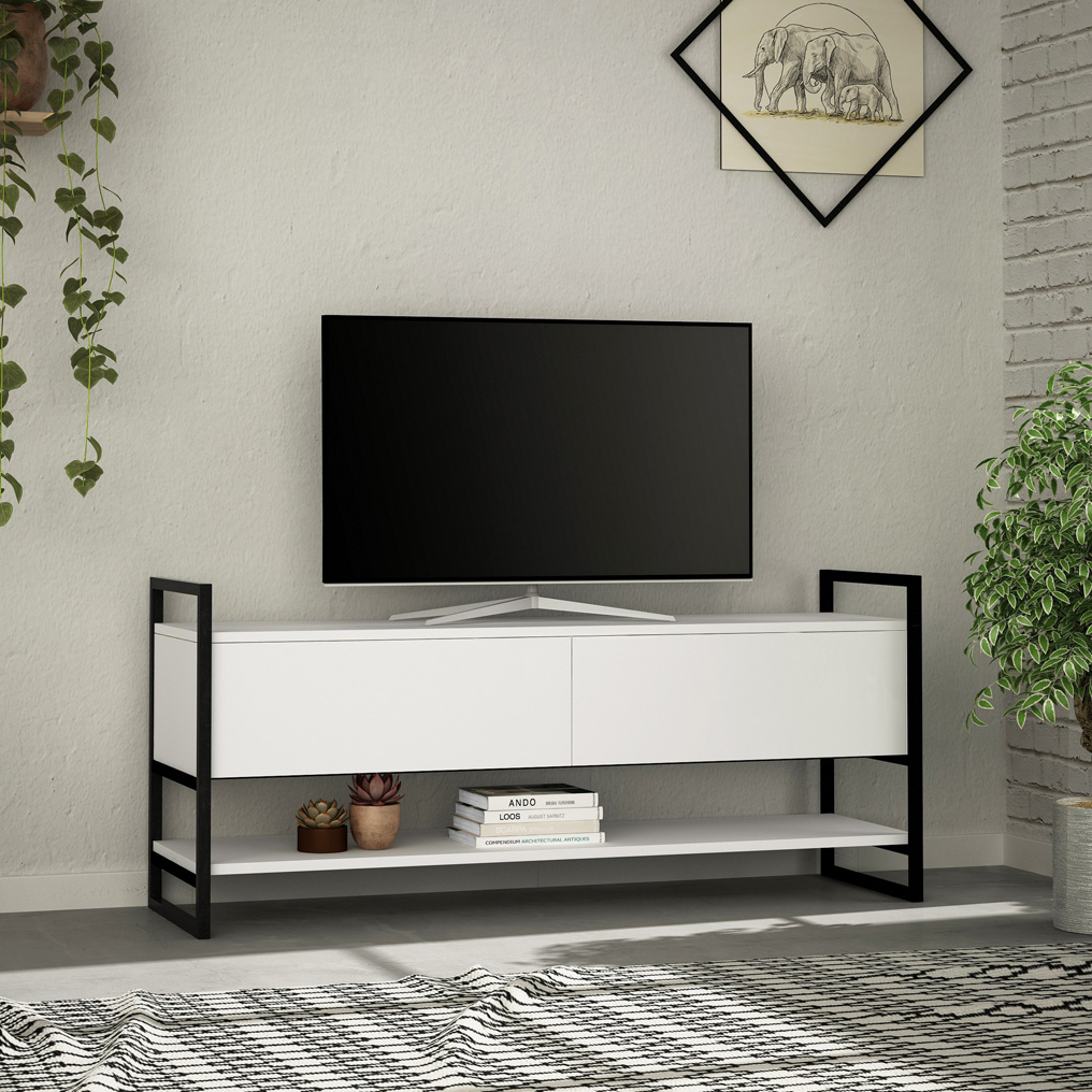 Particle Board TV Stand with Metal Frame & Shelves Metola White 776HMS3048 W131xH58xD39 cm