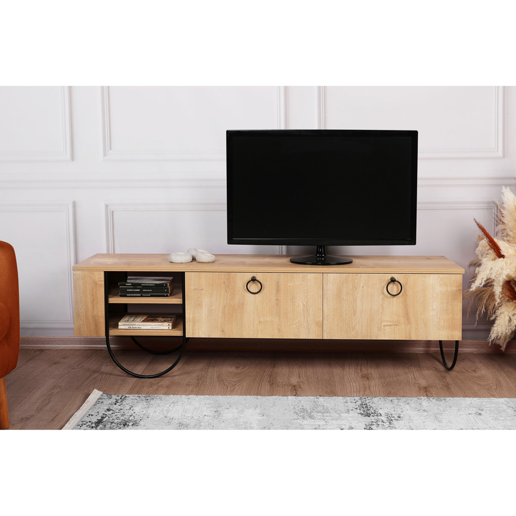 Particle Board TV Stand with Metal Legs & Shelves Norfolk Oak 776HMS3053 W151xH44xD35 cm