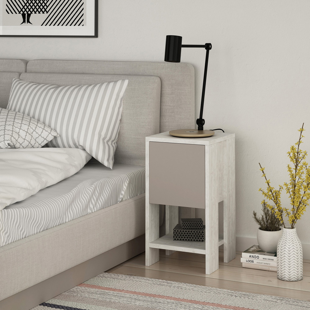 Particle Board Nightstand with Shelf & 1 Drawer Ema White, Light Mocha 776HMS3421 W30xH55xD30 cm
