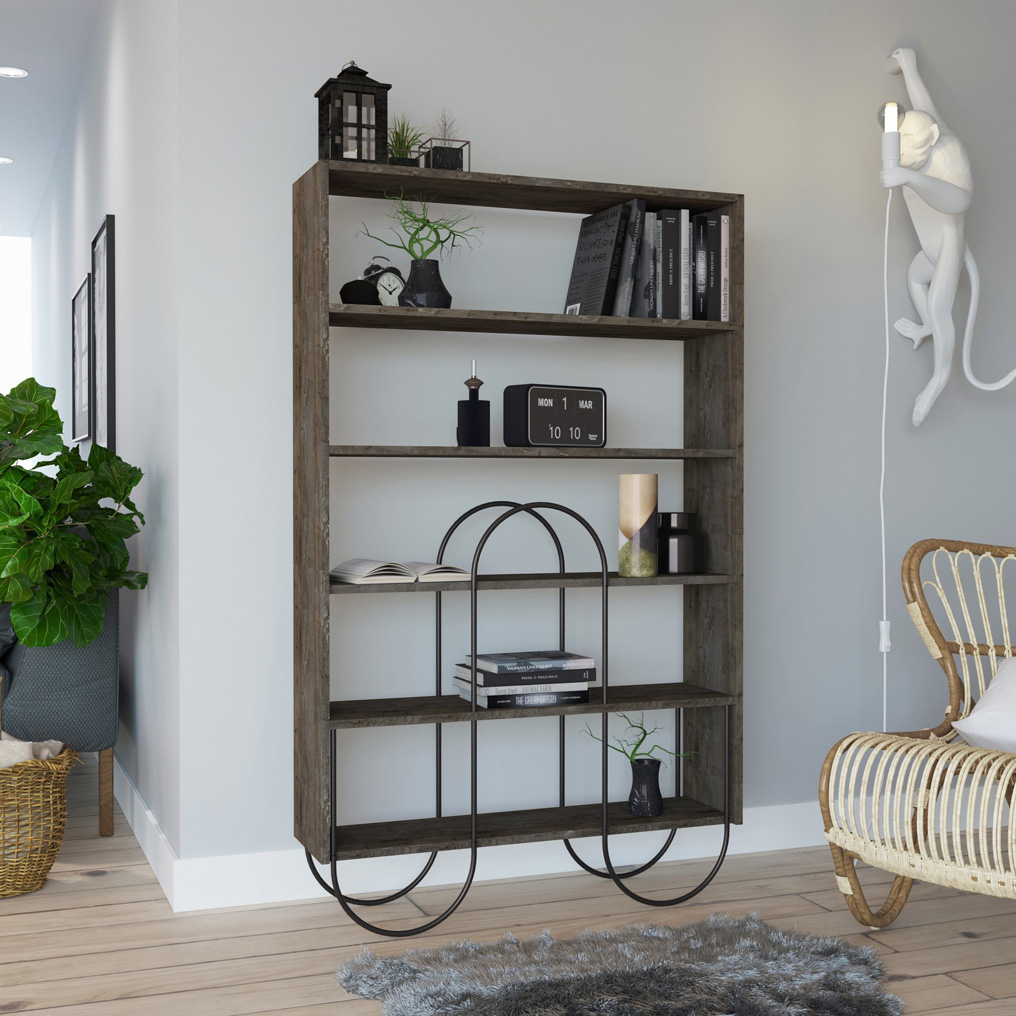 Particle Board Bookcase with  Metal Legs & Shelves Norfolk Dark Brown 776HMS3660 W96xH160xD25,5 cm