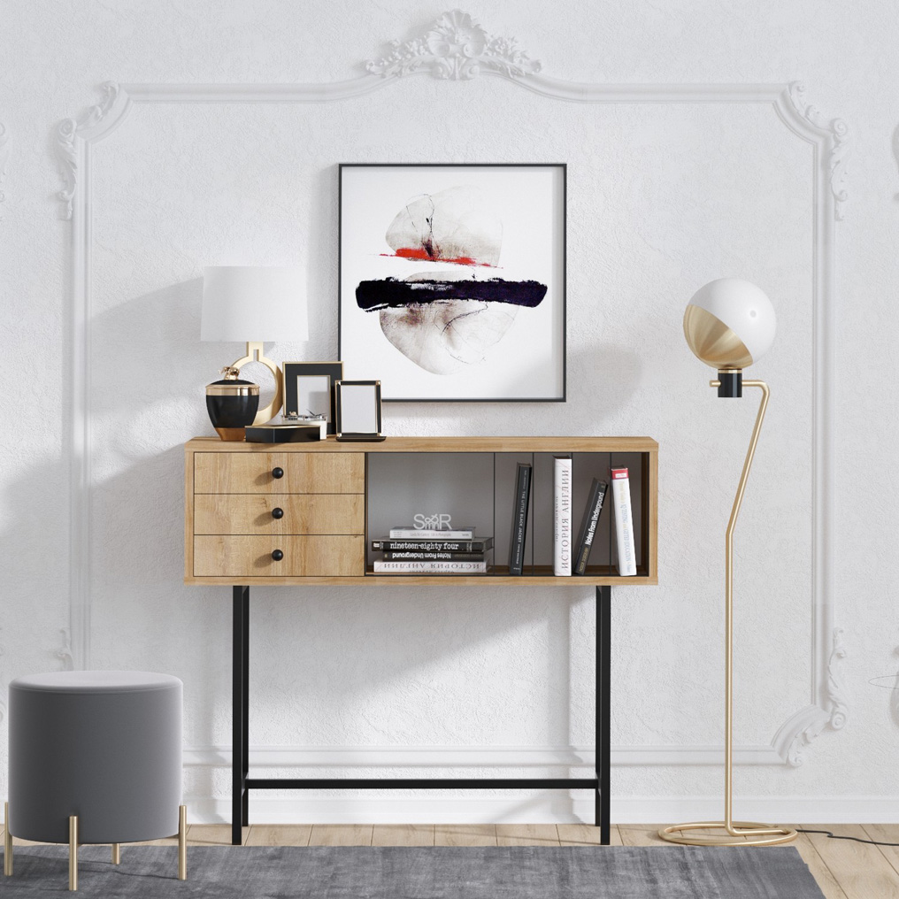 Particle Board Sideboard with Metal Legs & Drawers Paco Oak, Black 793ELG1801 W100xH35xD85 cm