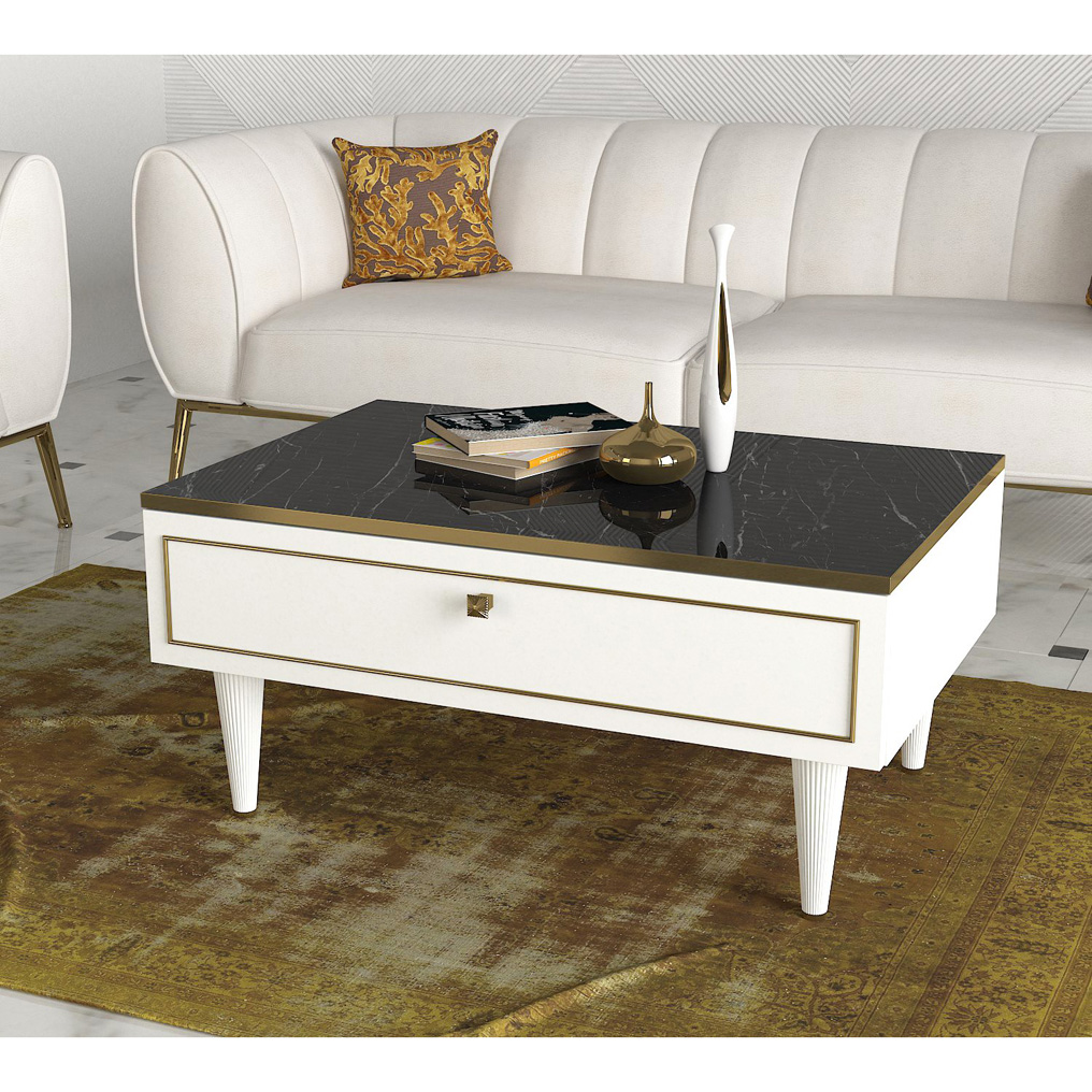 Particle Board Coffee Table with Cabinet Ravenna White, Gold, Black 804TRH2829 W90xH60xD42,3 cm