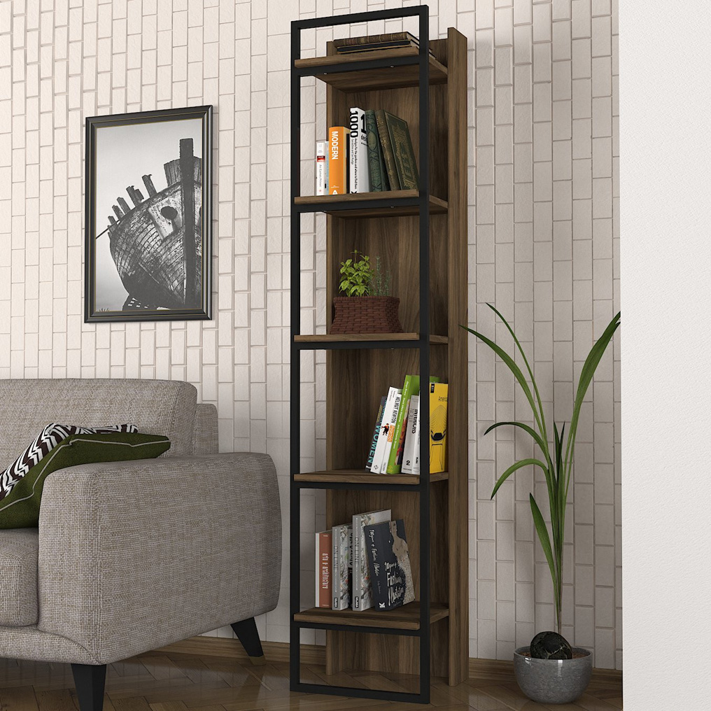 Particle Board Bookcase with Metal Frame & Shelves Kelvin Walnut, Black 804TRH3616 W39xH180xD36,6 cm