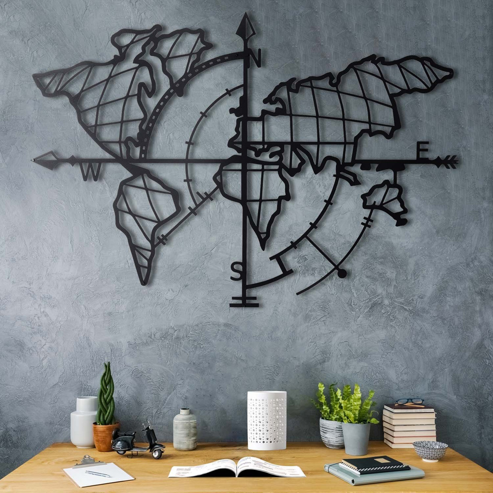 Metal wall decoration World Map Compass Black 65x95 cm 805BSG1136