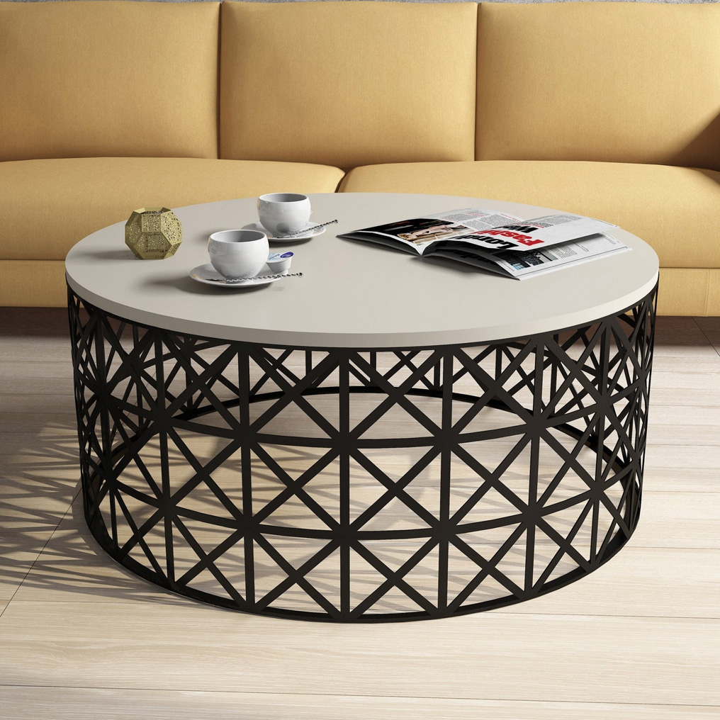 Particle Board Coffee Table with Iron Base Selin Cream, Black 845HCT5230 W90xH90xD38 cm