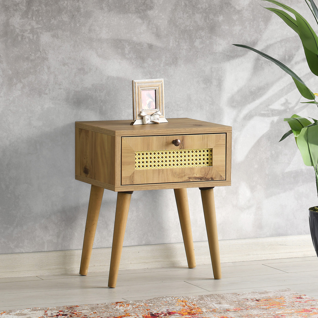 Particle Board Nightstand with Wooden Legs & Drawers Euromos Oak 854KLN3304 W40xH50xD35 cm