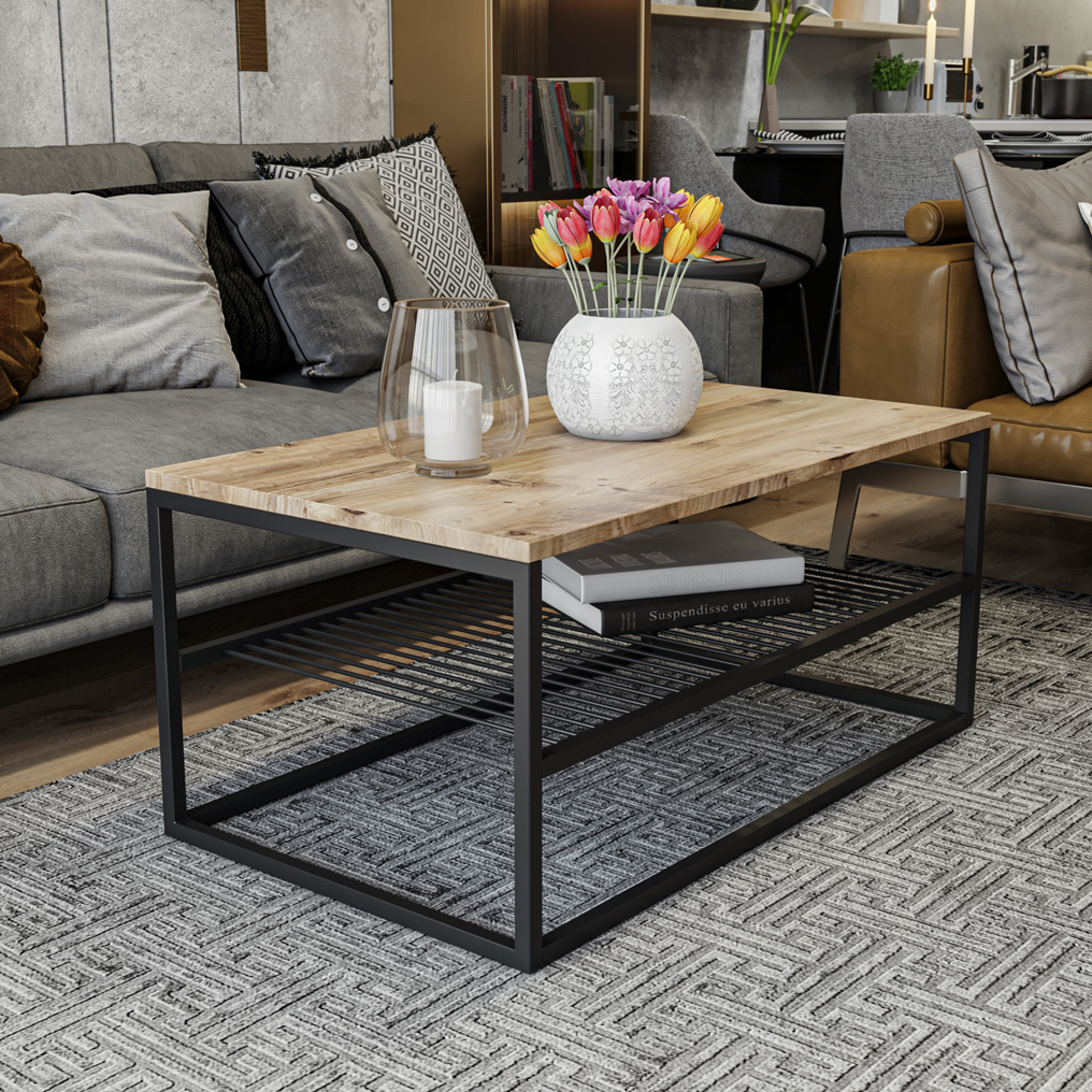 Particle Board Coffee Table with Metal Frame & Shelf Asude Pine, Black 854KLN4304 W95xH43xD55 cm