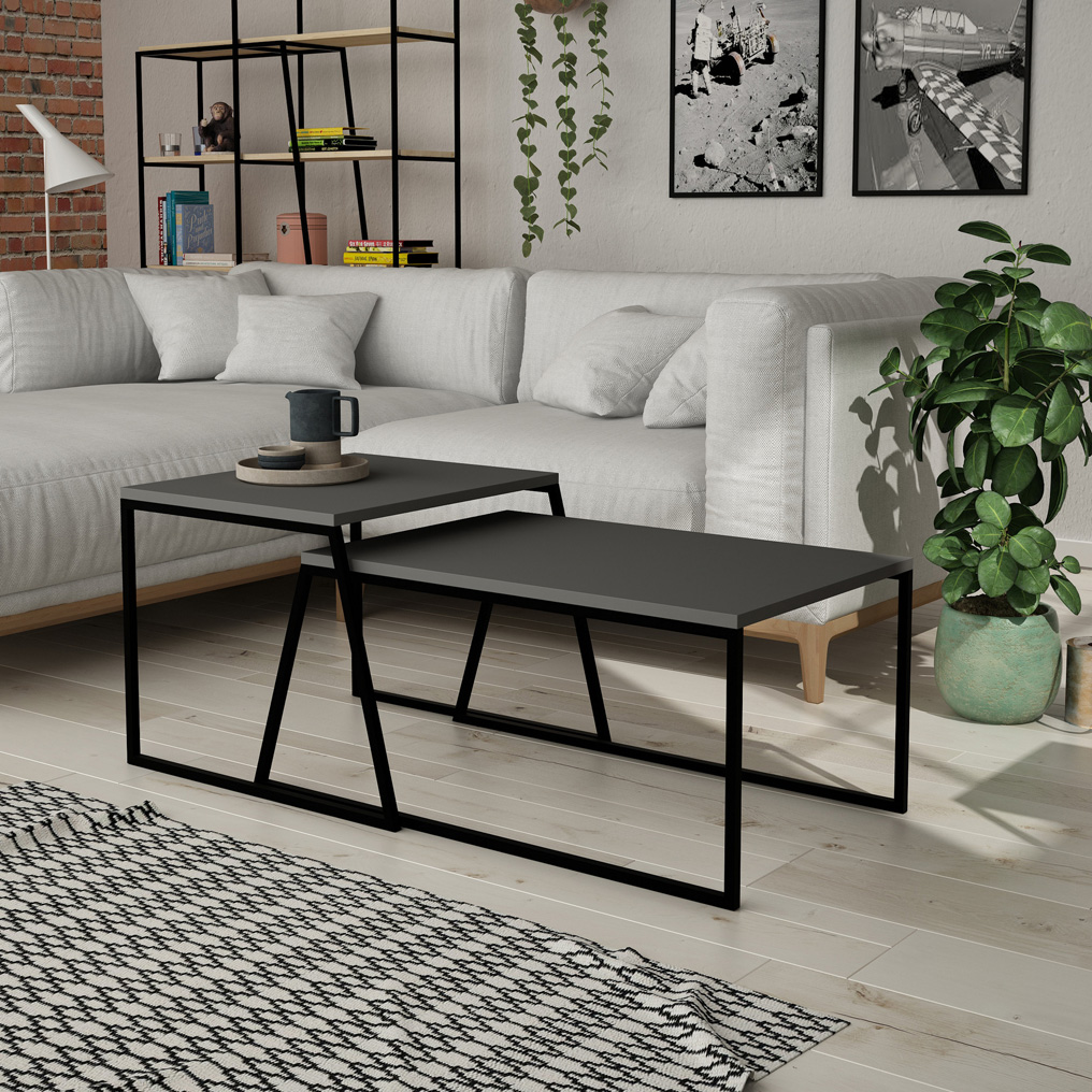 Particle Board & Metal Coffee Table Set Pal Anthracite+Black 855DTE2914 88x38x50 cm + 57x45x55 cm