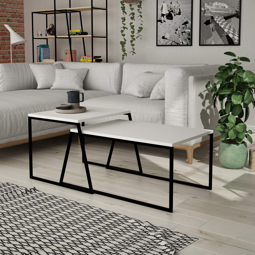 Particle Board Coffee Table Set with Metal Frame Pal White+Black 855DTE2915 88x38x50 cm+57x45x55 cm