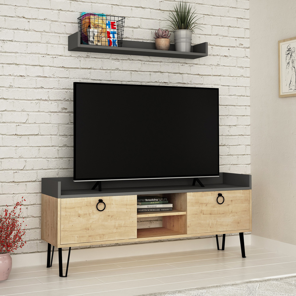 Particle Board TV Unit with Shelves & Wall Shelf Keday Oak, Anthracite 855DTE3056 W140xH57xD36 cm