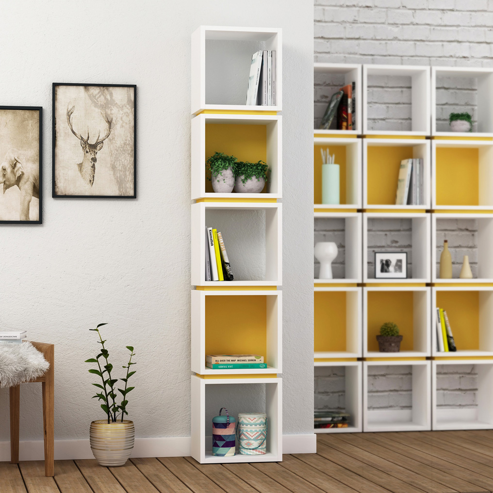 Particle Board Bookcase with Shelves Multi White, Mustard 855DTE3712 W32xH167xD22 cm