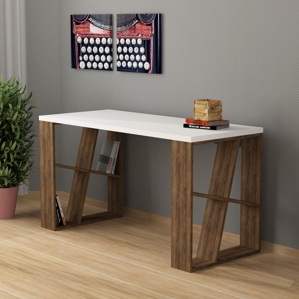 Particle Board Desk with Shelves Honey White, Dark Oak 855DTE3809 W140xH75xD60 cm