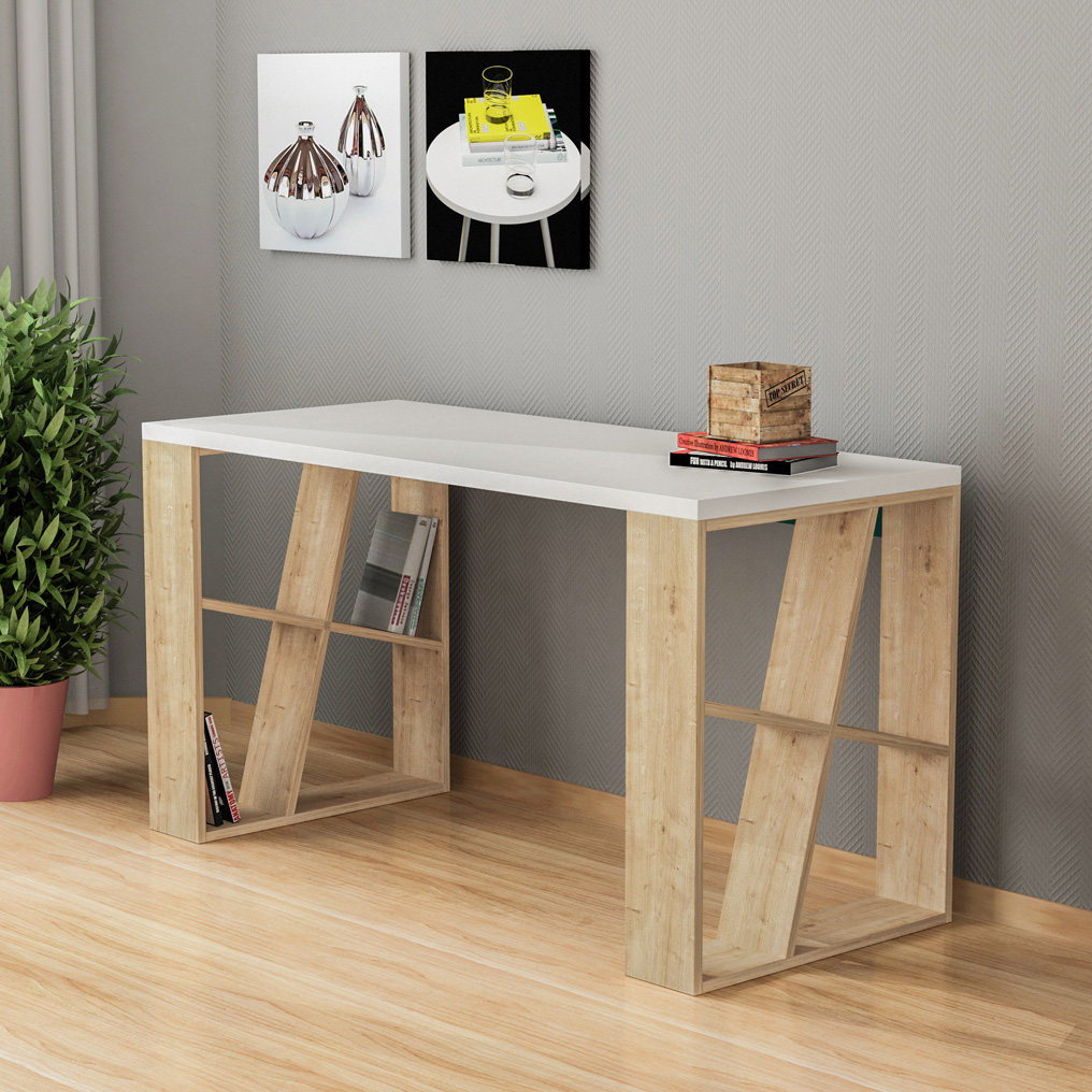 Particle Board Desk with Shelves Honey White, Oak 855DTE3813 W140xH75xD60 cm