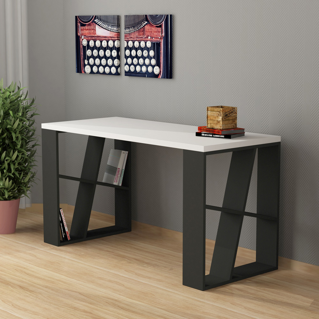 Particle Board Desk with Shelves Honey White, Anthracite 855DTE3814 W140xH75xD60 cm