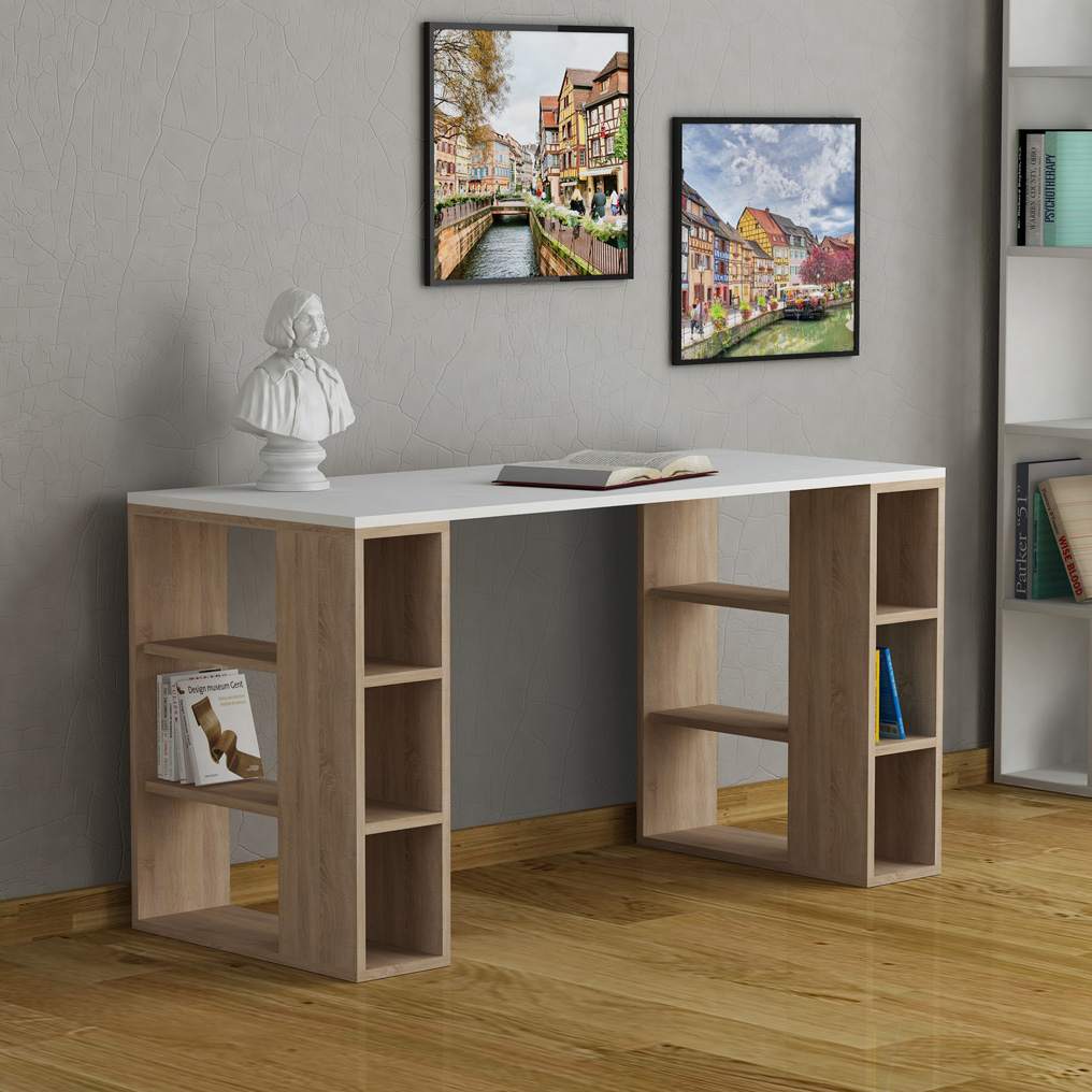 Particle Board Desk with Shelves Colmar White, Oak 855DTE3823 W140xH75xD60 cm