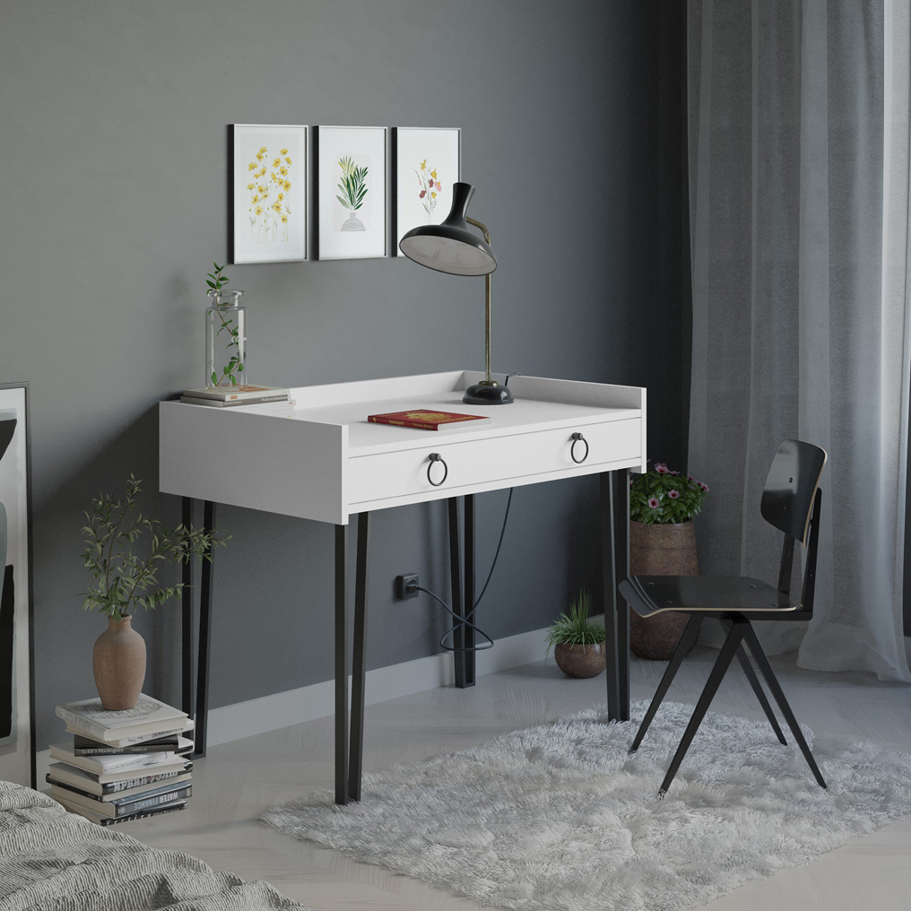 Particle Board Desk with Metal Legs & Drawer Sponge White 855DTE3843 W100xH81,5xD62 cm