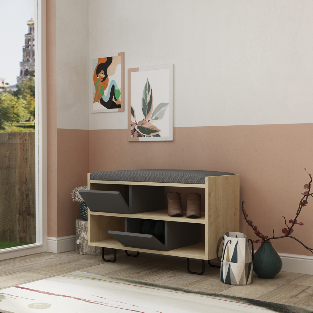Particle Board Shoe Cabinet+Cushioned Seat+Shelves Troy Oak+Anthracite 855DTE4029 83,5x53,5x35,5 cm
