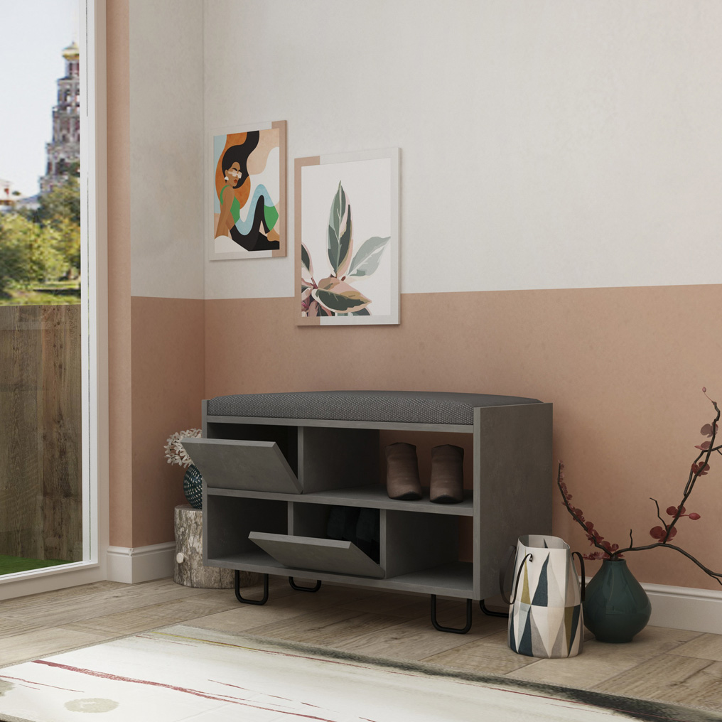 Particle Board Shoe Cabinet+Cushioned Seat+Shelves Troy Retro Grey 855DTE4030 83,5x53,5x35,5 cm