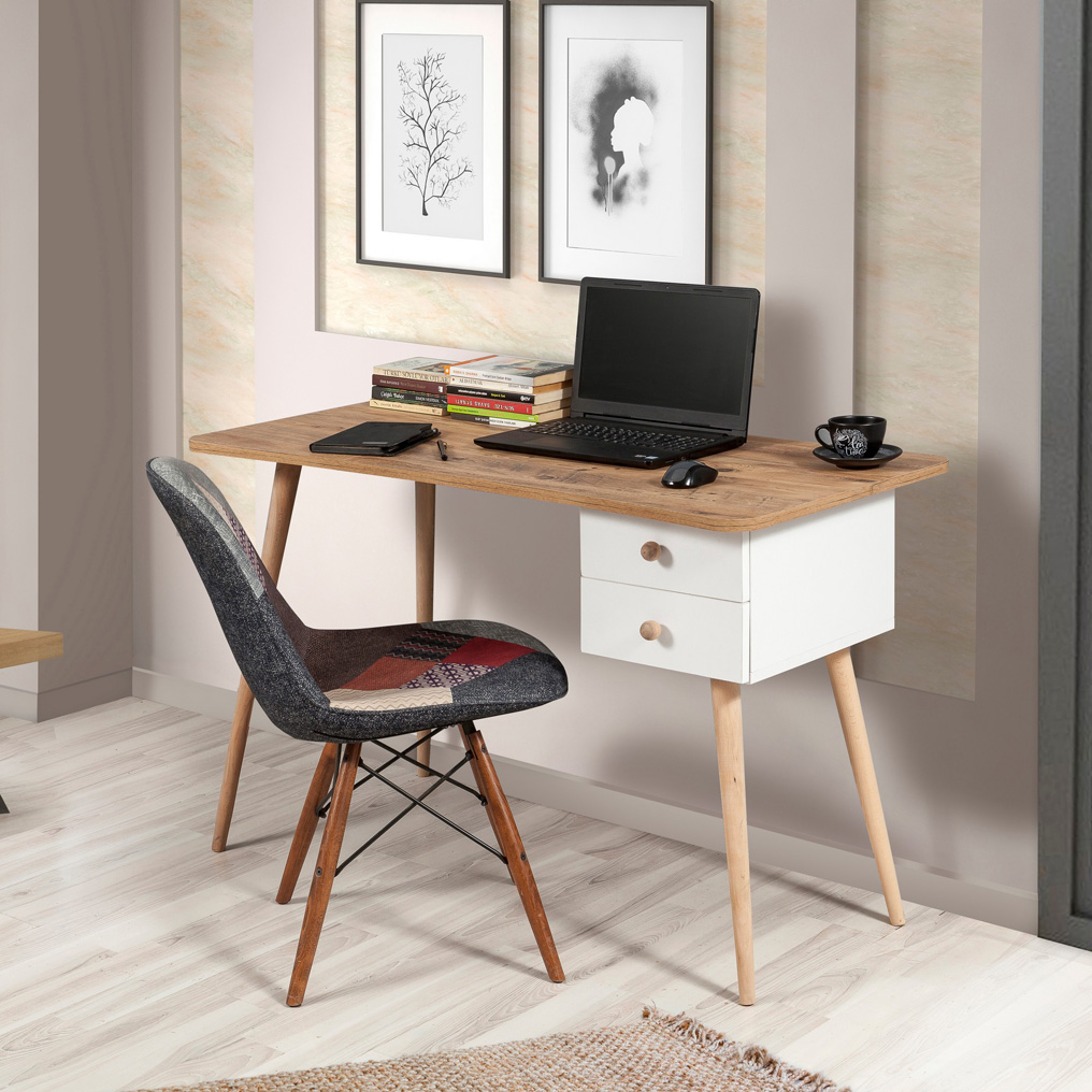 Particle Board Desk with Wooden Legs & 2 Drawers Balbina Atlantic Pine+White 869VEL6602 120x77x60 cm