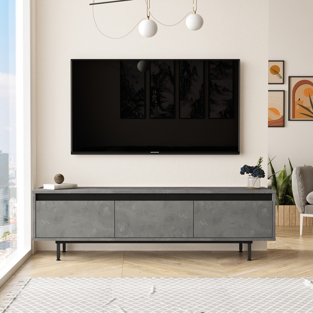 Έπιπλο τηλεόρασης με ντουλάπια μοριοσανίδα & μέταλλο LV1-RL Ασημί+Μαύρο 921YRD1102 160x45,2x35,5 εκ.