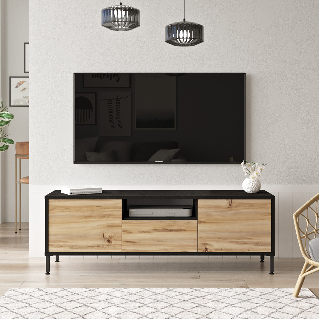 Particle Board TV Stand with Metal Legs & Cabinets LV2-KL Oak, Black 921YRD1103 140x46,4x35,5 cm