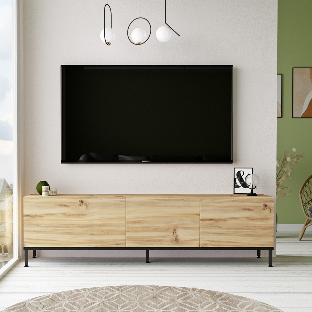 Particle Board TV Stand with Metal Legs & Shelves LV6-KL Oak, Black 921YRD1111 W170,3xH46,4xD35,5 cm