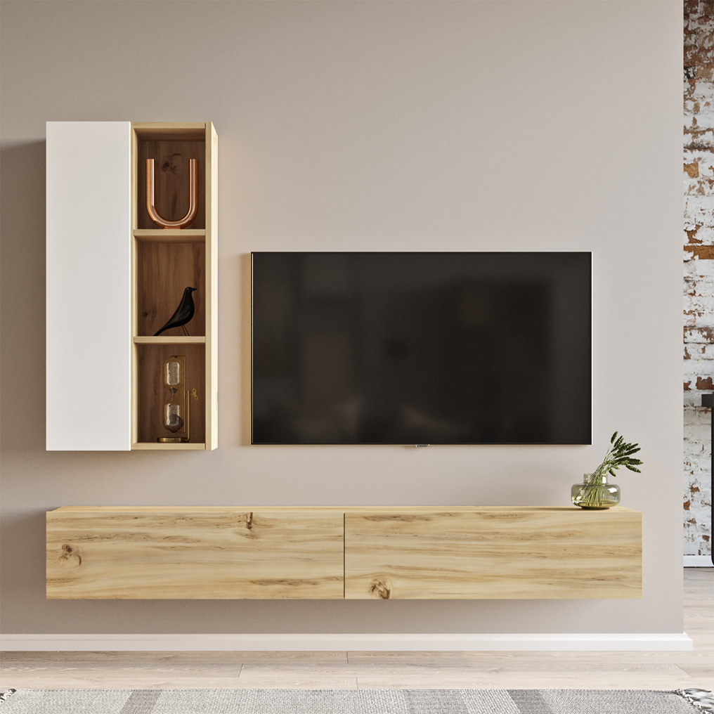 Particle Board TV Unit with Wall Shelf LV10-WK Oak, White 921YRD1119 W174,6xH25xD27,3 cm