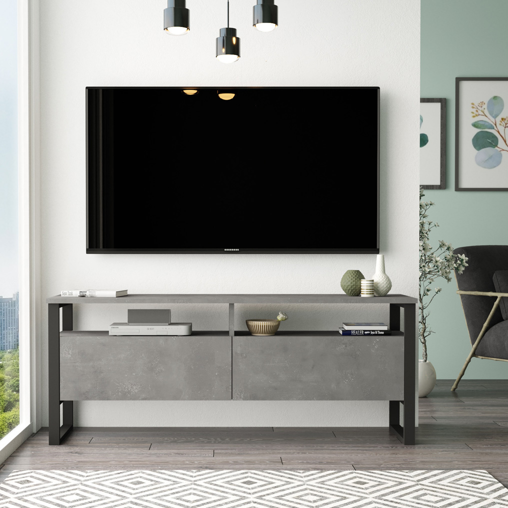 Particle Board TV Stand with Metal Legs & Shelves LV11-RG Silver+Black 921YRD1122 140x55,8x35,5 cm