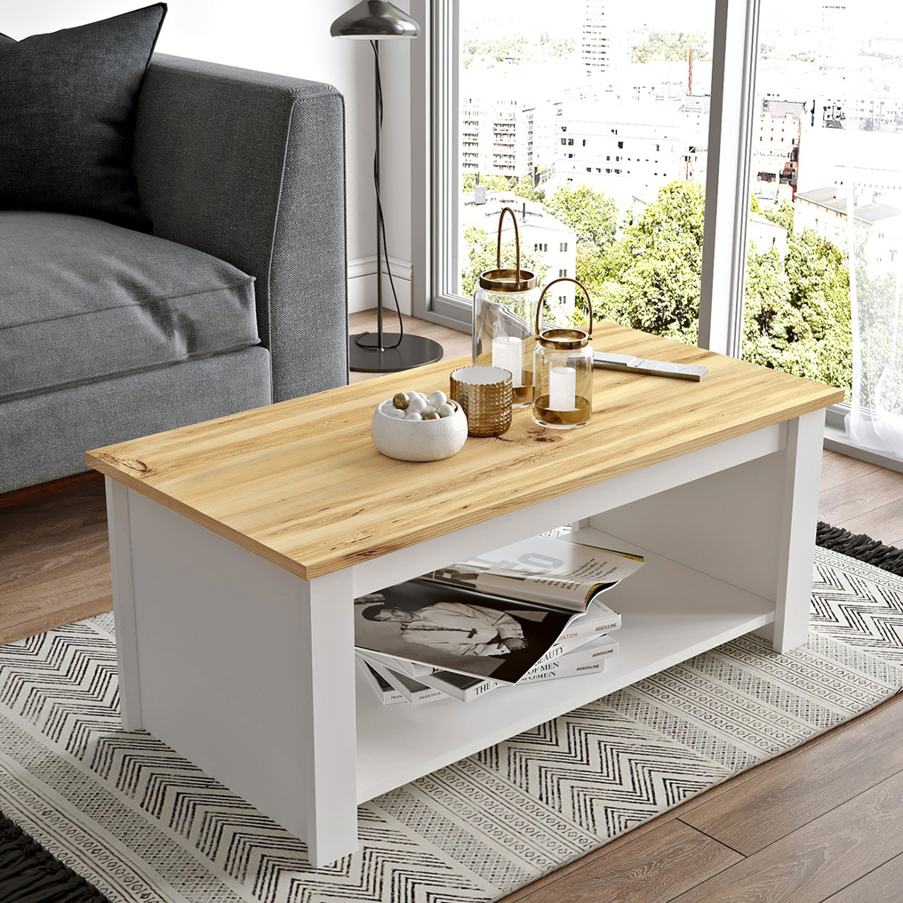 Particle Board Coffee Table with Shelf LV14-WK Oak, White 921YRD1127 W100xH41,8xD50 cm