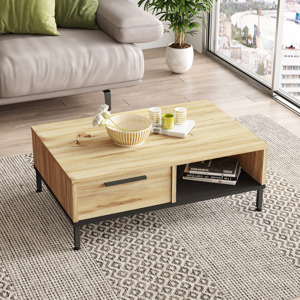 Particle Board Coffee Table with Drawer & Shelf LV18-KL Oak, Black 921YRD1135 W90xH31,5xD60 cm