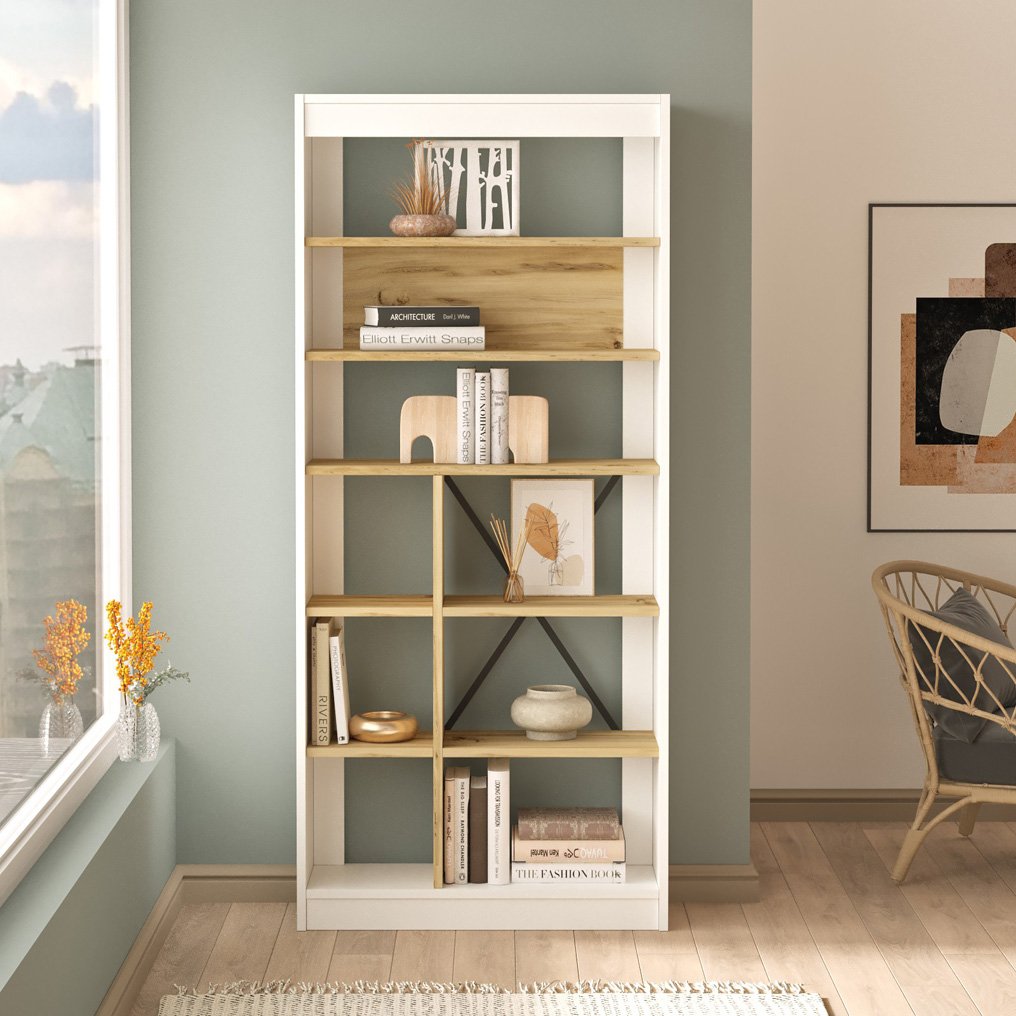 Particle Board Bookcase with Shelves LV19-WK Oak, White 921YRD1137 W75,6xH170xD25 cm