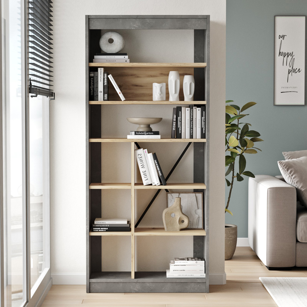 Particle Board Bookcase with Shelves LV19-KR Oak, Silver 921YRD1138 W75,6xH170xD25 cm