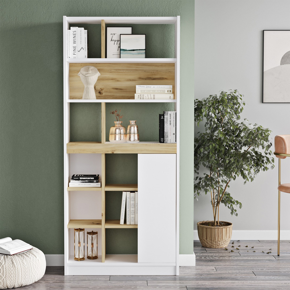 Particle Board Bookcase with Cabinet & Shelves LV20-WK Oak, White 921YRD1139 W75,6xH170xD25 cm