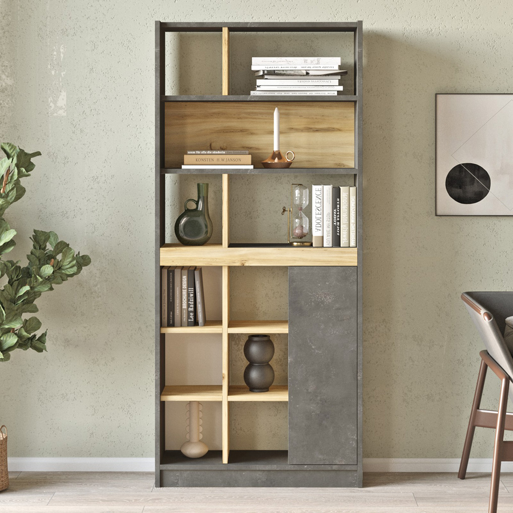 Particle Board Bookcase with Cabinet & Shelves LV20-KR Oak, Silver 921YRD1140 W75,6xH170xD25 cm
