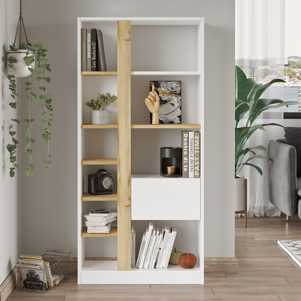 Particle Board Bookcase with Cabinet & Shelves LV21-WK Oak, White 921YRD1141 W75,6xH160xD25 cm