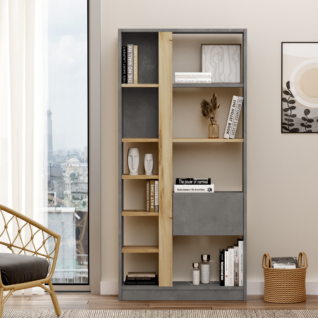 Particle Board Bookcase with Cabinet & Shelves LV21-KR Oak, Silver 921YRD1142 W75,6xH160xD25 cm