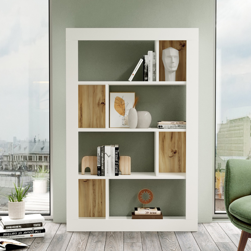Particle Board Bookcase with Shelves LV22-WK Oak, White 921YRD1143 W94,5xH145,8xD27,3 cm